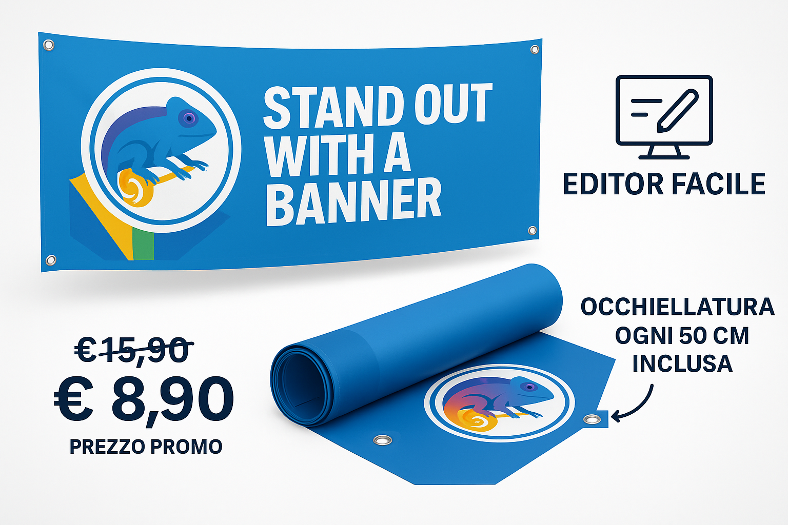Striscione promozionale blu con logo camaleonte, prezzo promo €8,90/mq, editor facile e occhielli inclusi ogni 50cm