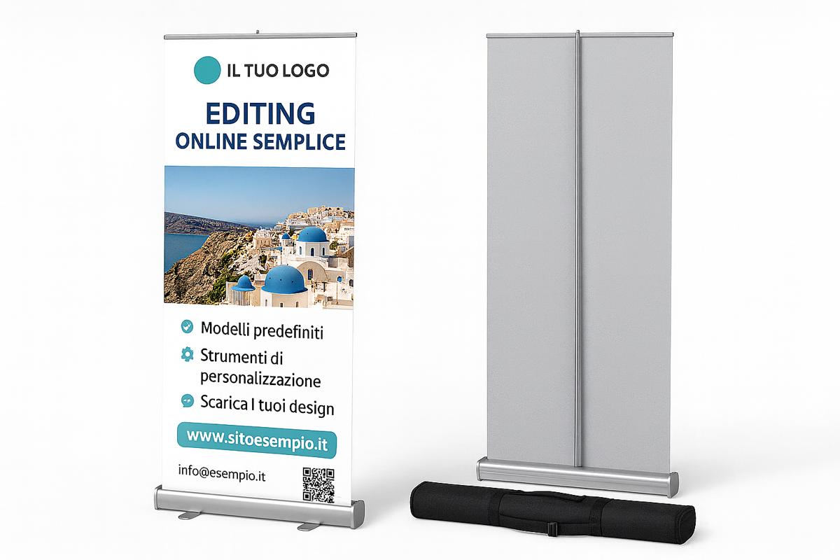 Espositore roll-up 85x200cm con telo personalizzato e borsa da trasporto nera
